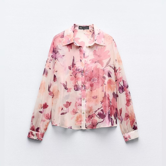 Zara Tops - NWT ZARA pink metallic floral print shirt